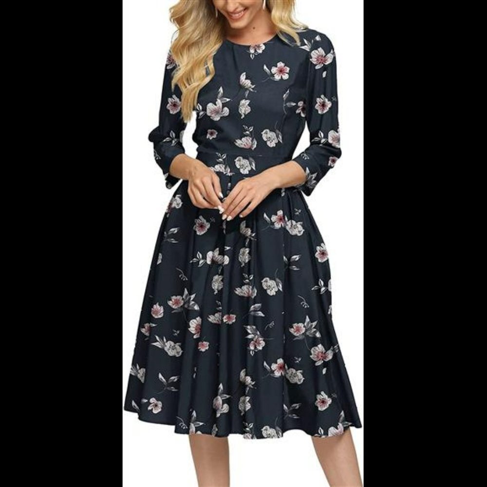 Women's Floral Vintage Dress Elegant Midi Evening Dress 3/4 Sleeves